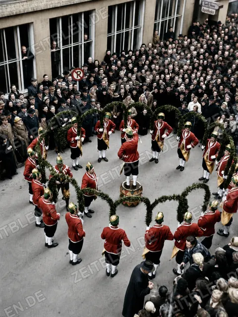 Schäfflertanz vor großem Publikum, München 1956