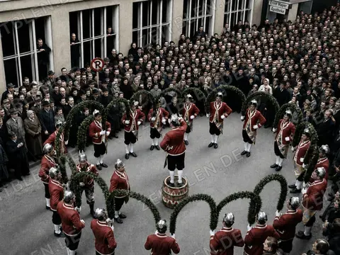 Schäfflertanz mit Girlandenformation, München 1956