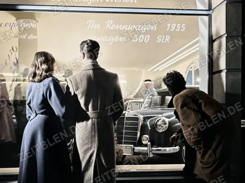 Passanten vor Auto-Schaufenster, München 1956