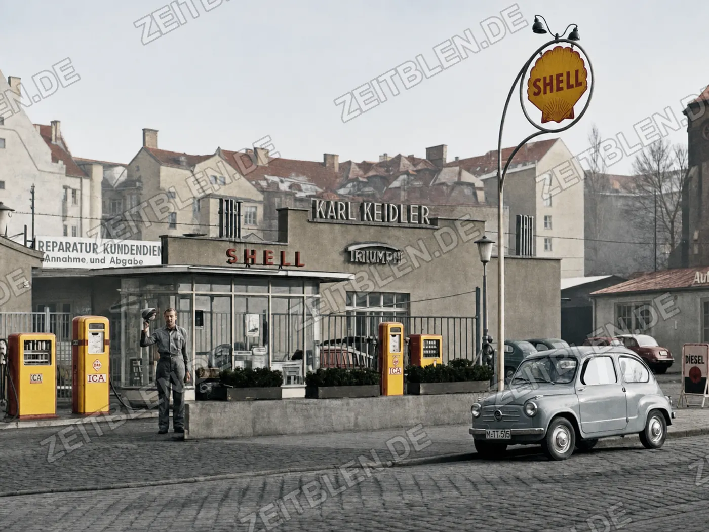 Karl Keidler Fiat-Händler mit Tankstelle, München 1954