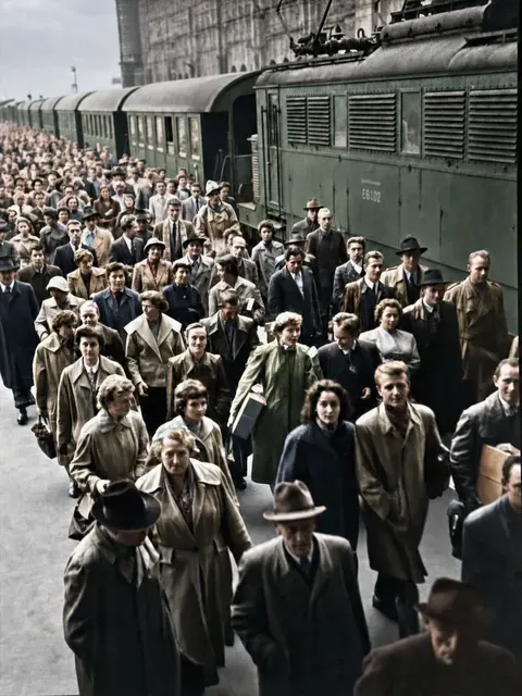 Menschenmenge am Bahnsteig, München 1954
