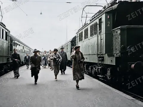 Reisende neben Lokomotive am Bahnsteig, München 1954