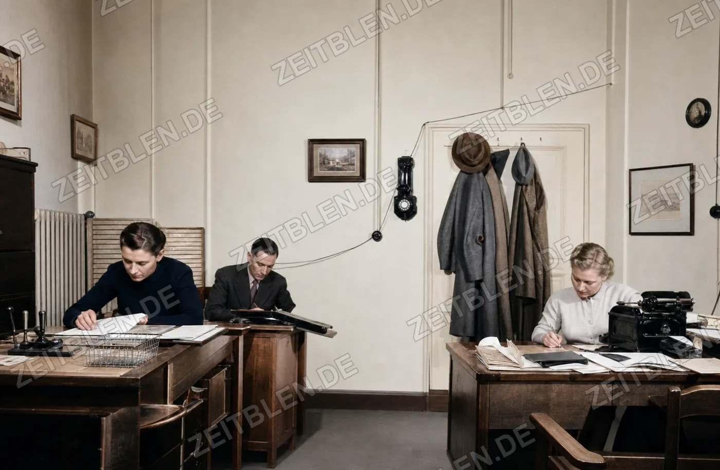 Büroraum mit Telefon bei der JLU Chemie, München 1949