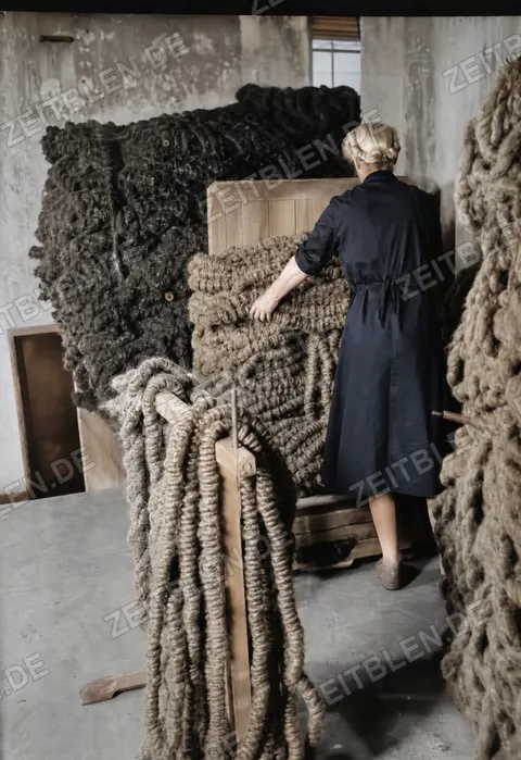 Rosshaarverarbeitung in der Matratzenfabrik, München 1949