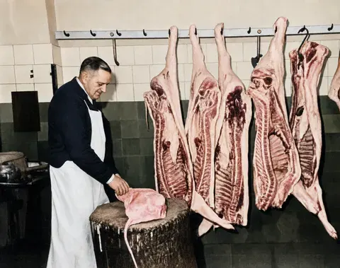 Metzger in der Metzgerei Thum, München 1949