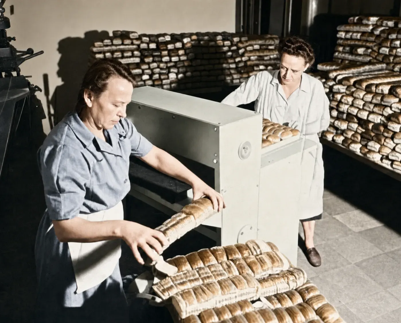 Zwiebackstapel in der Leutner-Produktion, München 1949