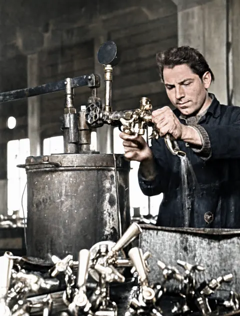 Arbeiter an Metallarmaturen bei Gießerei Heck, München 1949