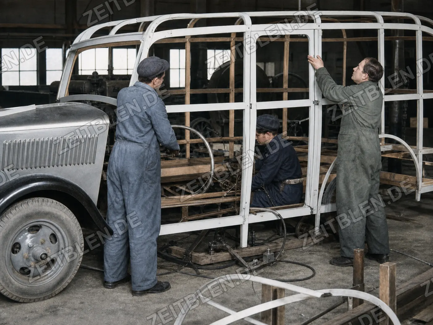 Arbeiter am offenen Fahrzeugrahmen, München 1949