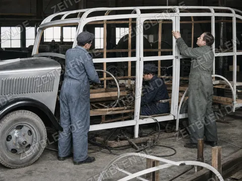 Arbeiter am offenen Fahrzeugrahmen, München 1949