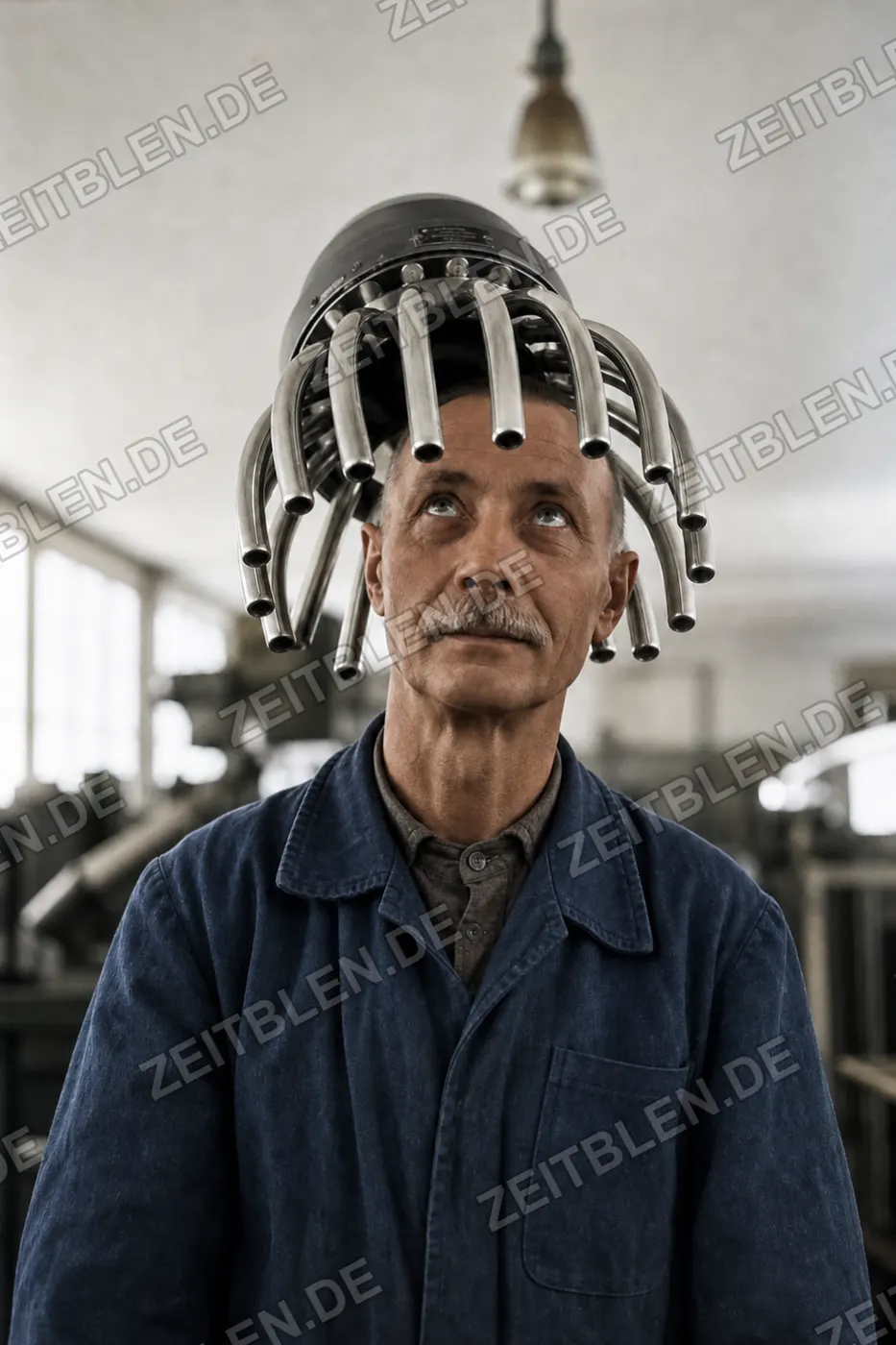 Mann unter Dauerwellenapparat, München 1949