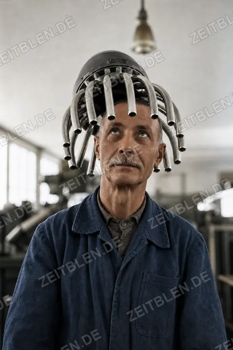 Mann unter Dauerwellenapparat, München 1949