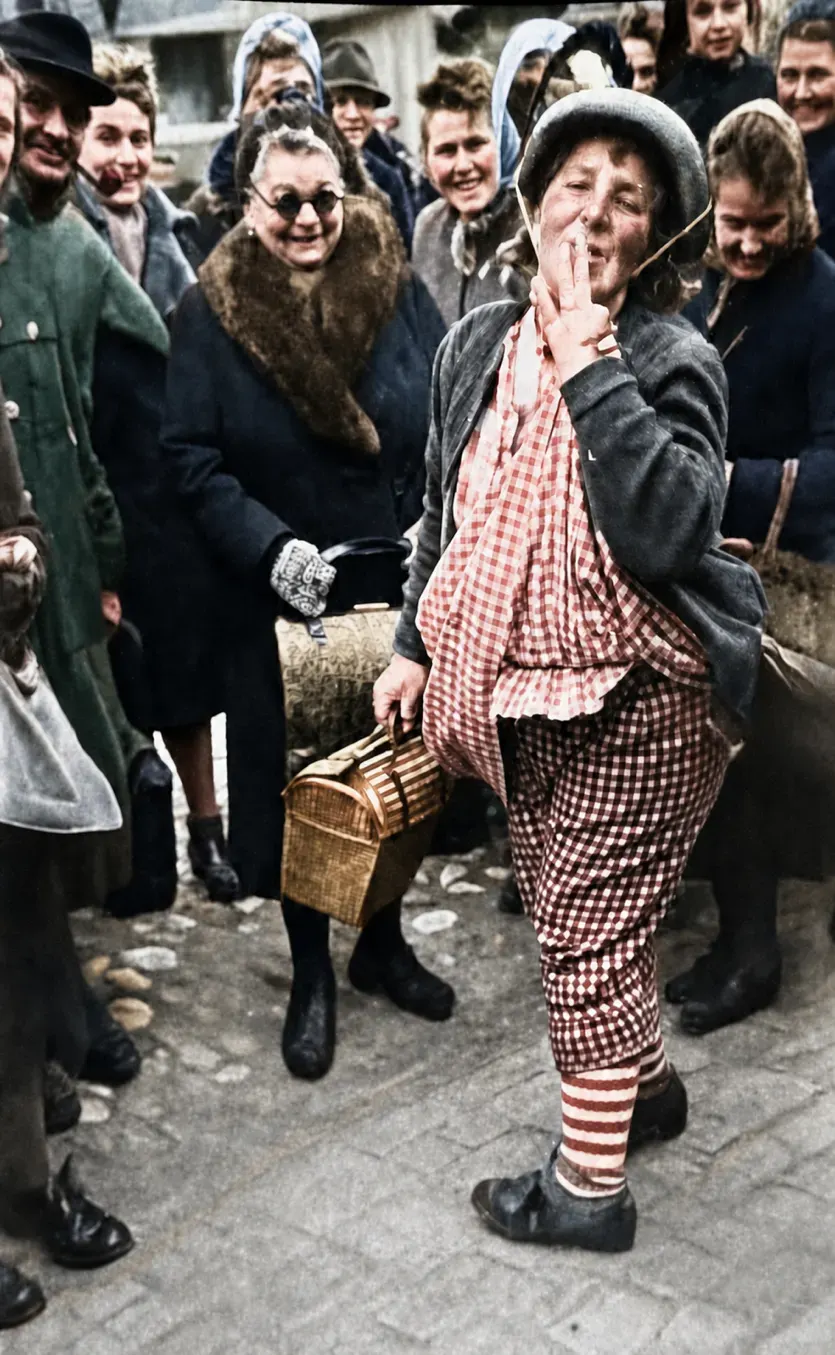 Kostümierte Person vor Zuschauern beim Faschingstanz, München 1949