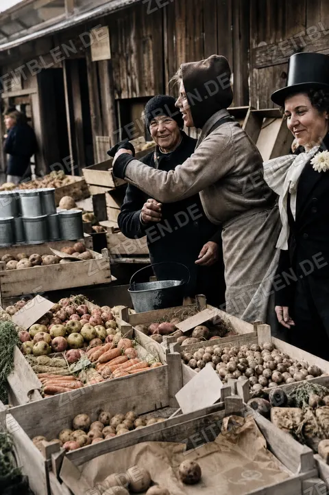Verkleidete Marktfrauen am Gemüsestand, München 1949