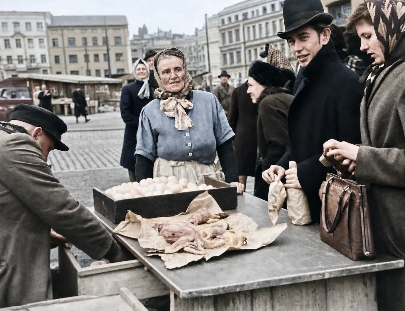 Marktfrau und Kundschaft beim Fasching am Viktualienmarkt, München 1949