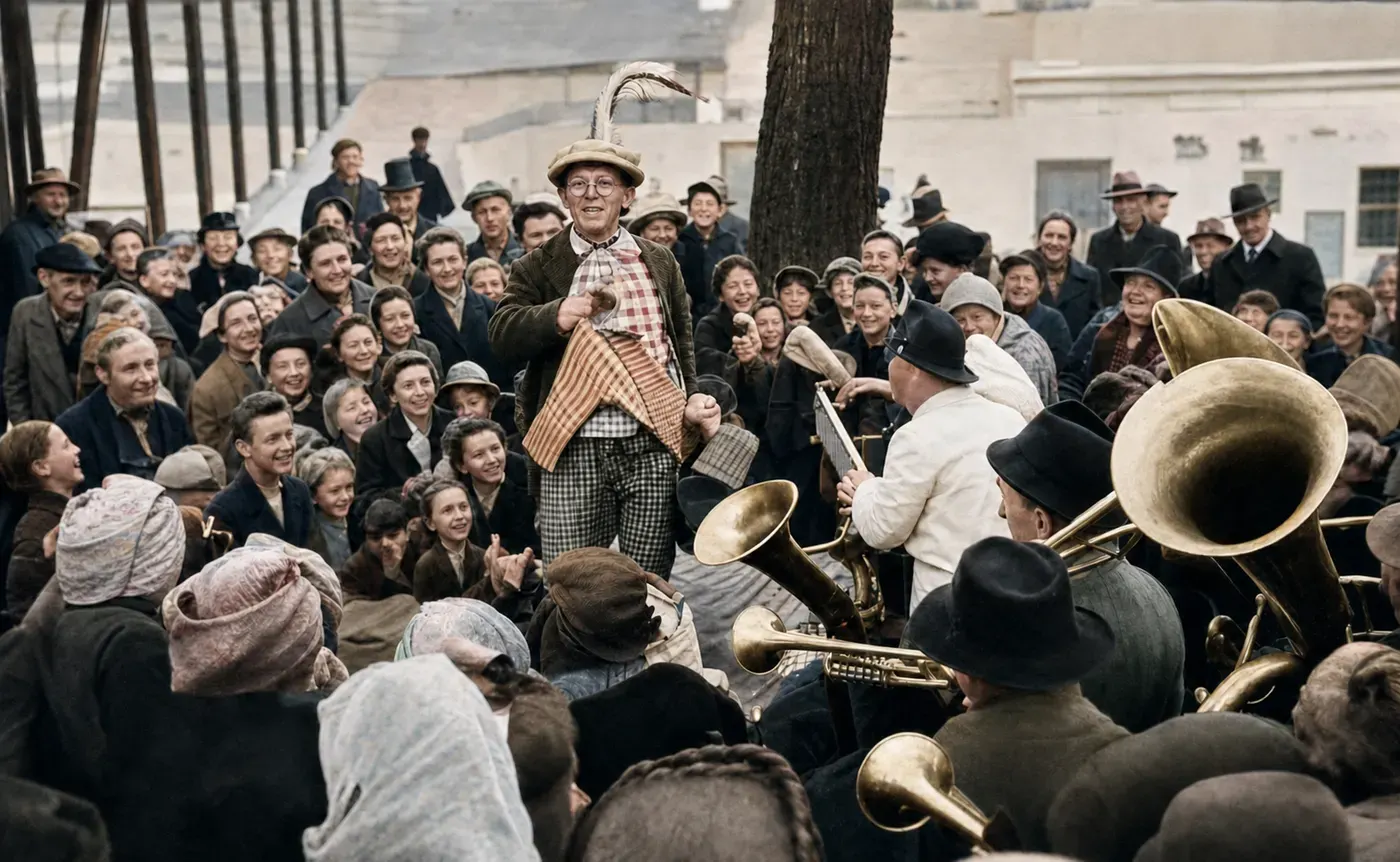 Kostümierter Performer vor Blaskapelle beim Fasching, München 1949