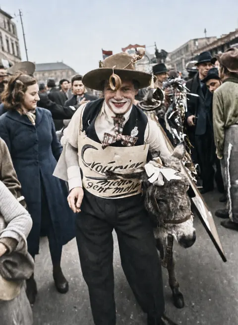 Kostümierter Reiter mit Steckenpferd beim Münchner Faschingsumzug, 27. Februar 1949