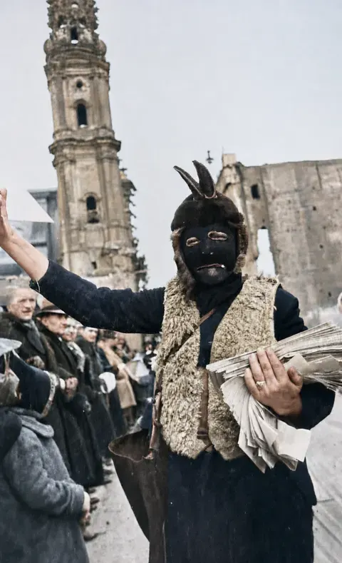 Kostümierter Teilnehmer mit dunkler Maske beim Faschingsumzug, 27. Februar 1949