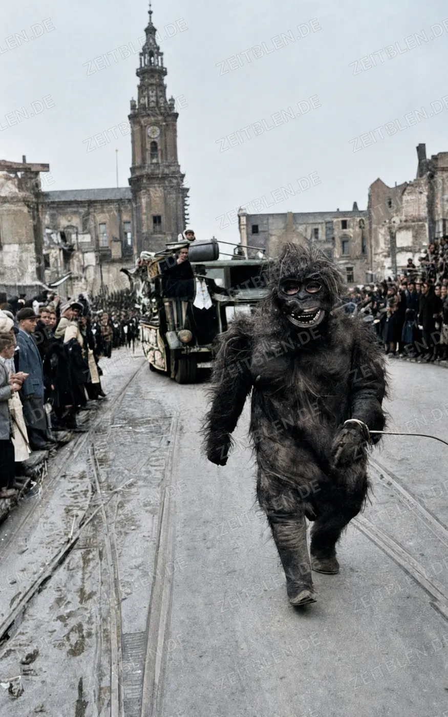 Gorilla-artige Kostümfigur beim Münchner Faschingsumzug, 27. Februar 1949