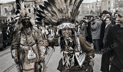 Teilnehmer mit Federkopfschmuck beim Münchner Faschingsumzug, 27. Februar 1949