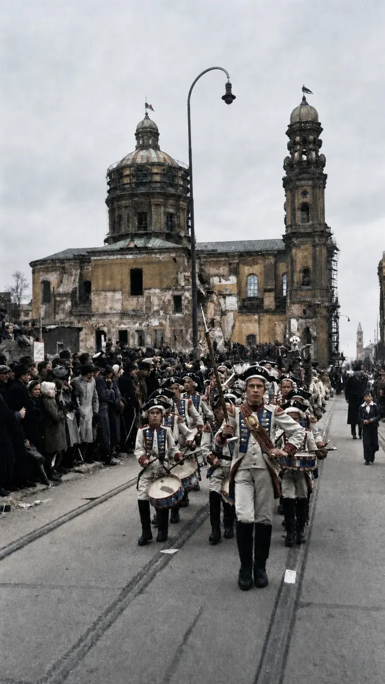 Kostümierte Trommler vor beschädigter Kirche beim Faschingsumzug, 27. Februar 1949