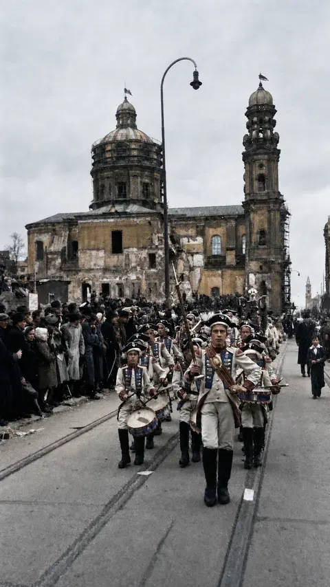 Kostümierte Trommler vor beschädigter Kirche beim Faschingsumzug, 27. Februar 1949
