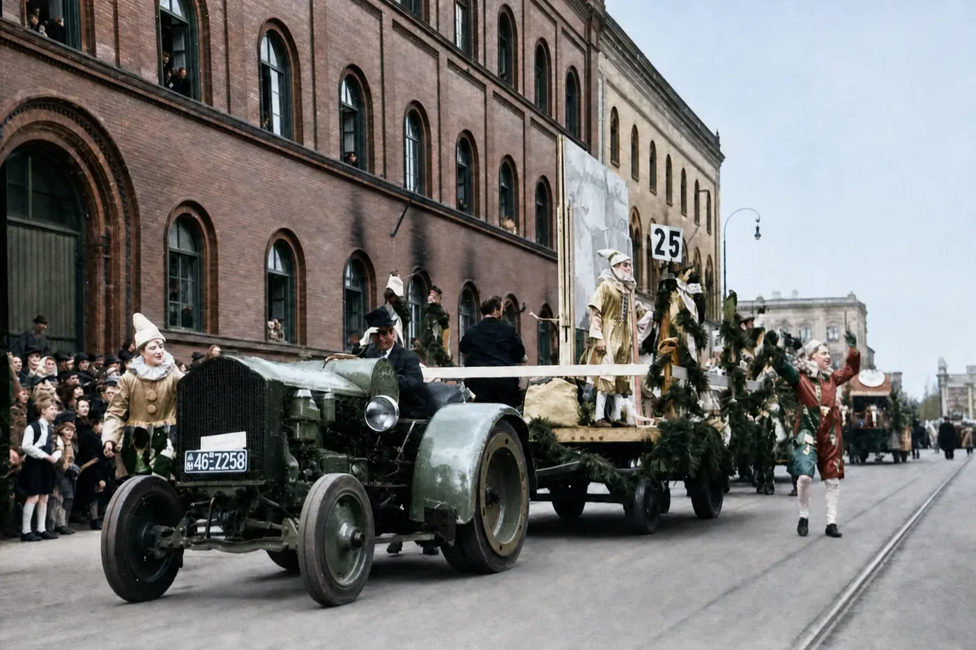 Traktor mit Festwagen 25 beim Münchner Faschingsumzug, 27. Februar 1949