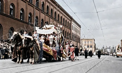 Pferdegezogener Festwagen auf breiter Straße beim Münchner Faschingsumzug, 27. Februar 1949