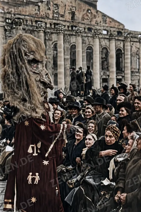 Große Maskenfigur im Publikum beim Münchner Faschingsumzug, 27. Februar 1949
