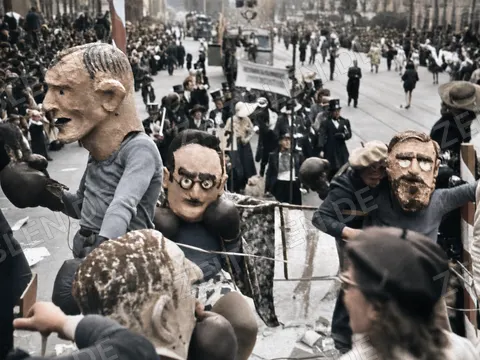 Karikaturfiguren auf Satirewagen mit Blick auf Umzugsstrecke, 27. Februar 1949