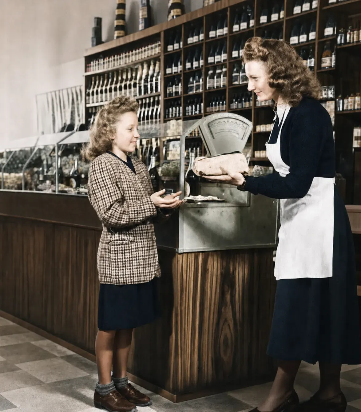 Kind beim Einkauf an der Waage im Lebensmittelgeschäft Hahn, 23. Februar 1949
