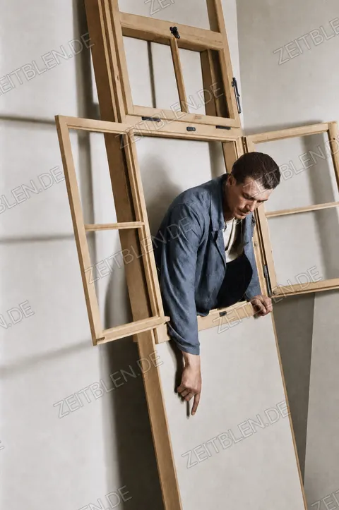 Demonstration eines Bauelements beim Hausbau im Porenit-Werk, München-Haar, 27. Mai 1949