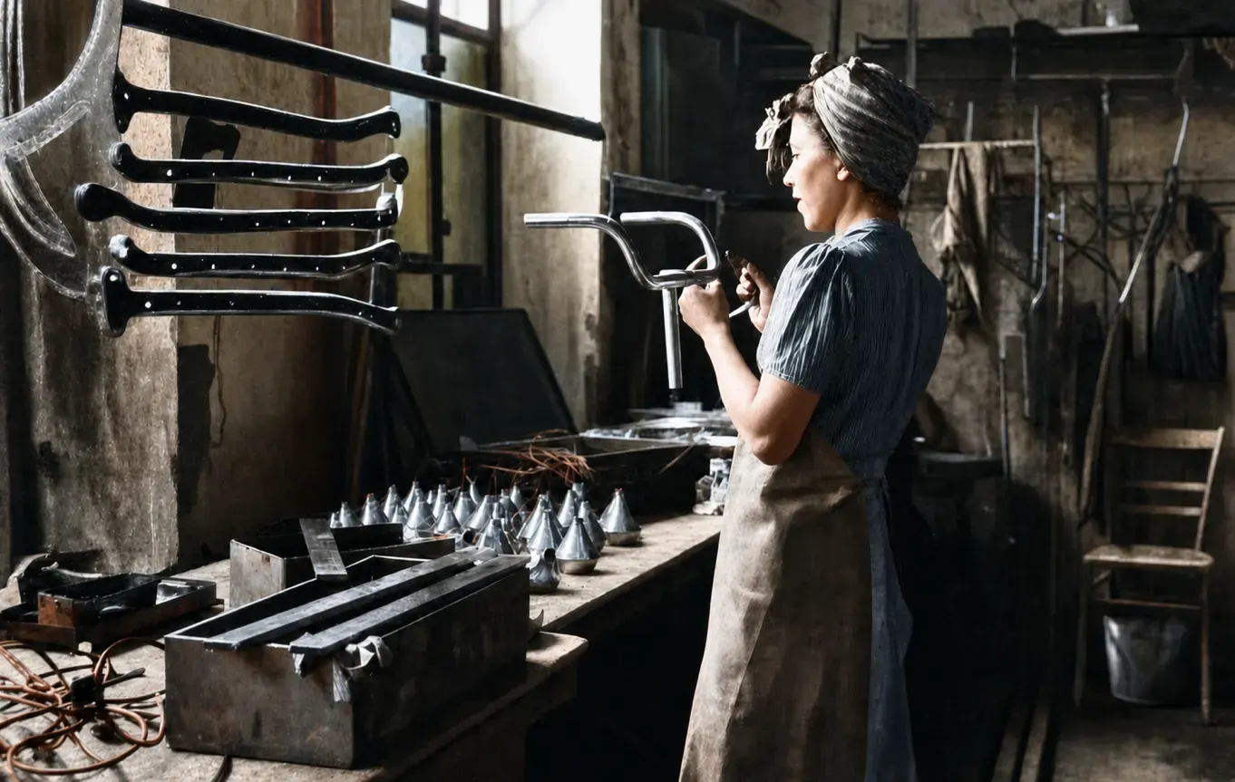 Aufbinden von Metallteilen an Kupferdrähten in der Galvanischen Anstalt Hurnaus, München,