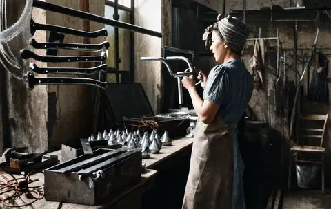 Aufbinden von Metallteilen an Kupferdrähten in der Galvanischen Anstalt Hurnaus, München, 20. April 1949