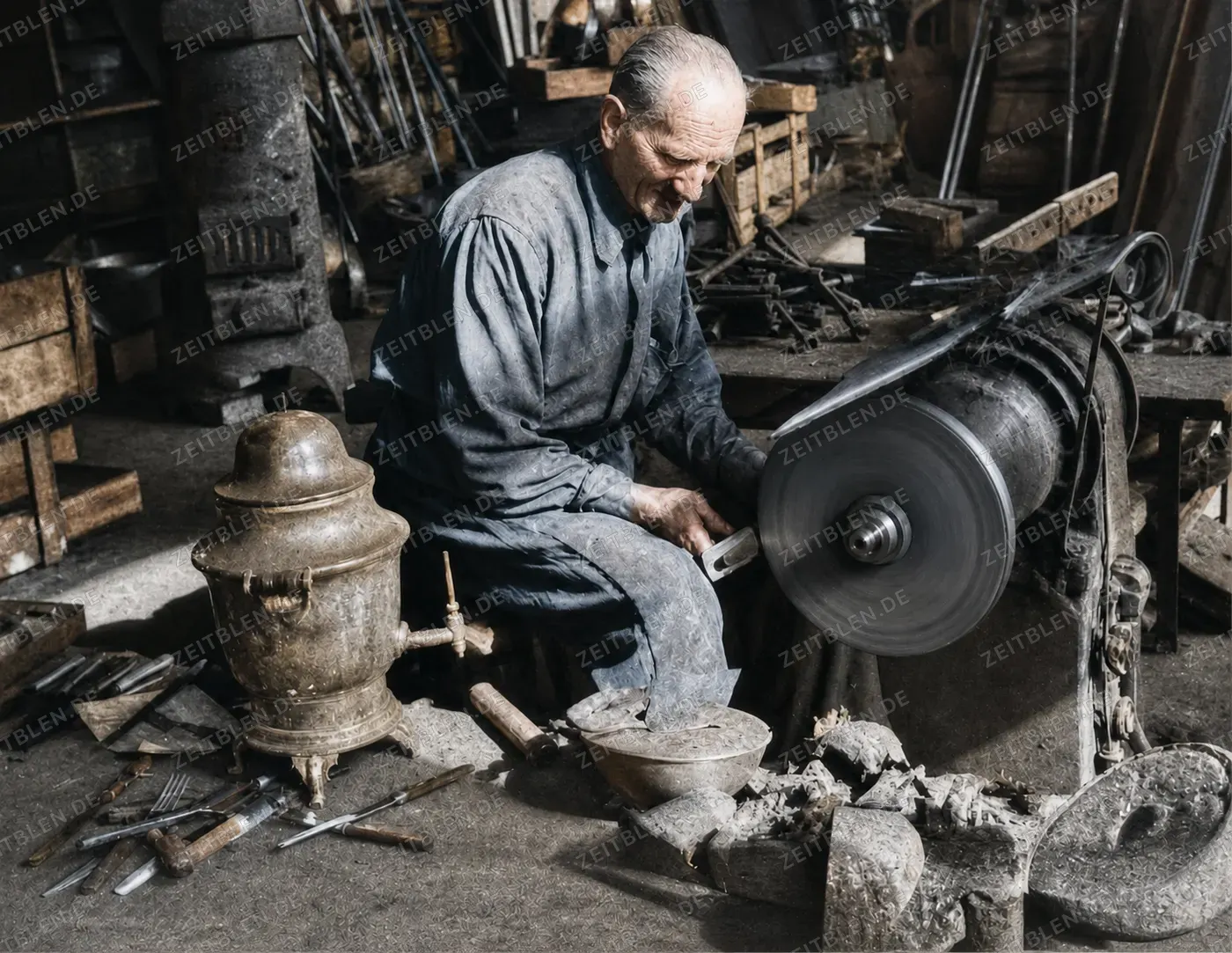 Schleifen und Polieren von Metallteilen in der Galvanischen Anstalt Hurnaus, München, 20.