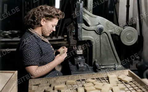 Arbeiterin beim Fertigen von Seifenstücken an einer Presse, München, 14. April 1949