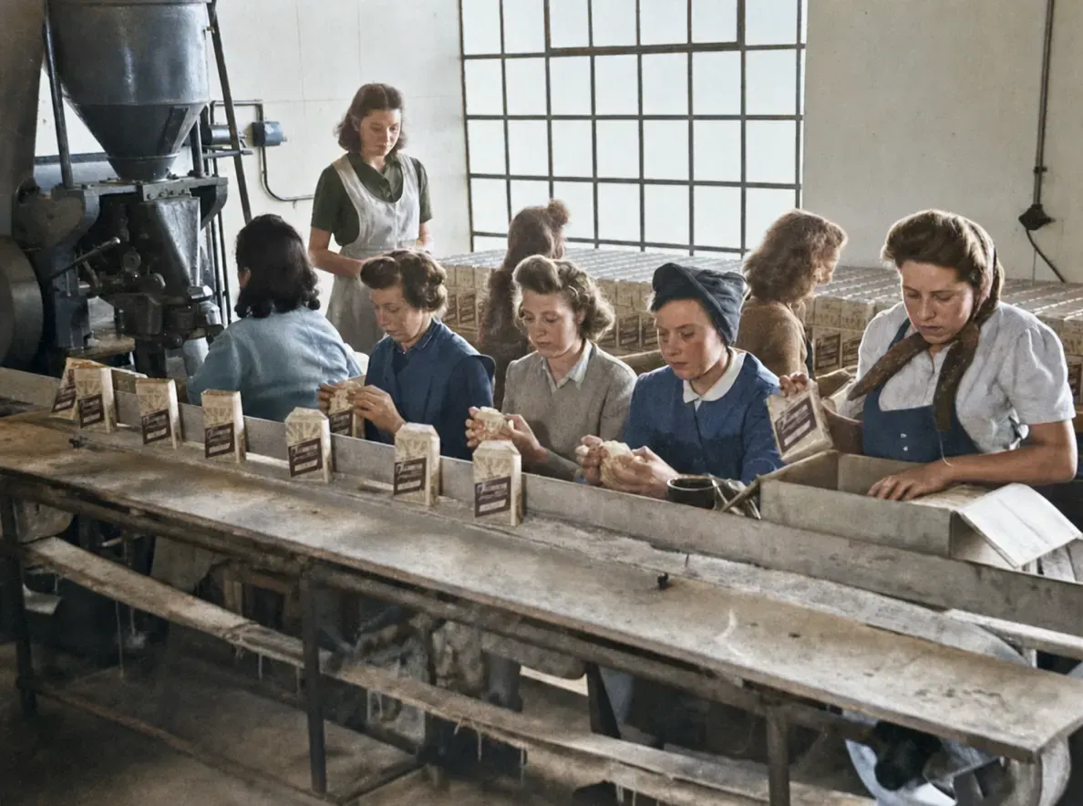 Arbeiterinnen beim Verpacken von Seifen in der Seifenfabrik Schnell, München, 14. April 19