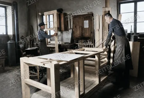 Montage von Eisschrank-Gehäusen bei Gebrüder Niehoff, Schongau, 7. April 1949