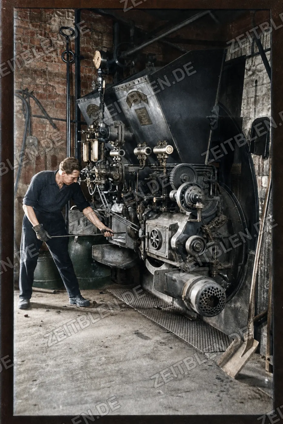 Arbeiter an großer Färbereimaschine bei Hermann Würth, München, 7. April 1949