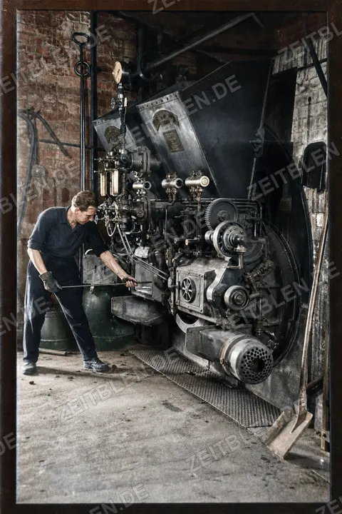 Arbeiter an großer Färbereimaschine bei Hermann Würth, München, 7. April 1949