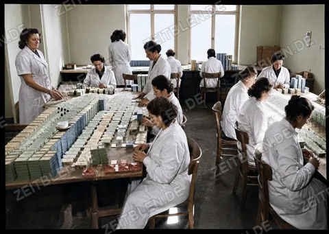 Beschäftigte beim Verpacken von Trineral-Produkten in München, 10. März 1949
