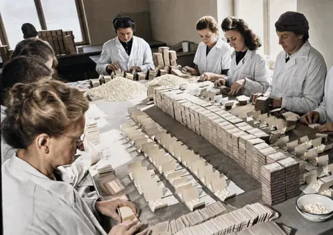 Arbeiterinnen beim Falten und Befüllen von Produktkartons bei den Trineral-Werken, München, 10. März 1949