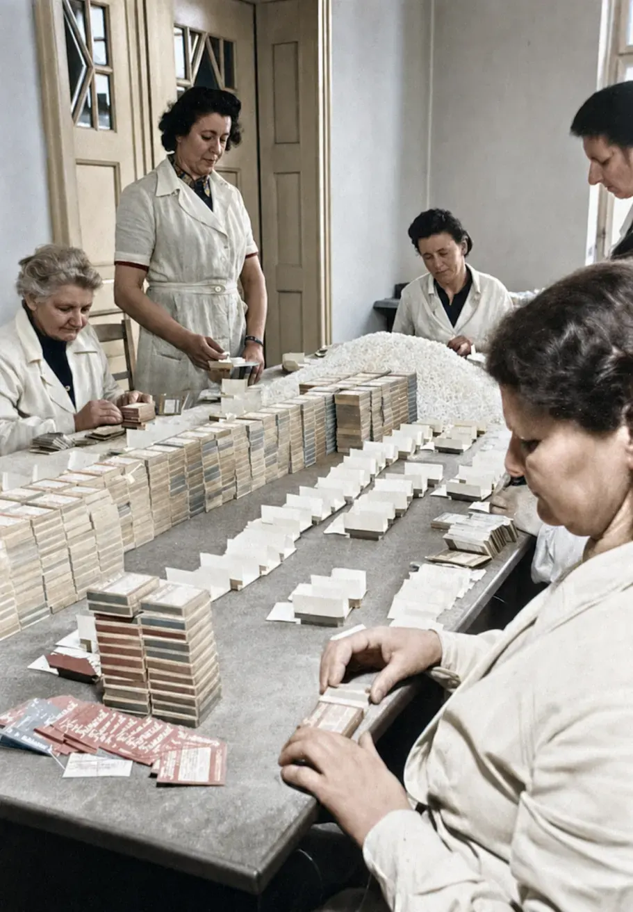 Beschäftigte beim Prüfen und Verpacken kleiner Produkte bei den Trineral-Werken, München,