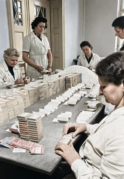 Beschäftigte beim Prüfen und Verpacken kleiner Produkte bei den Trineral-Werken, München, 10. März 1949