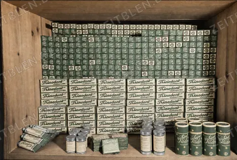 Produktdisplay mit Trinodont-Packungen der Trineral-Werke, München, 10. März 1949
