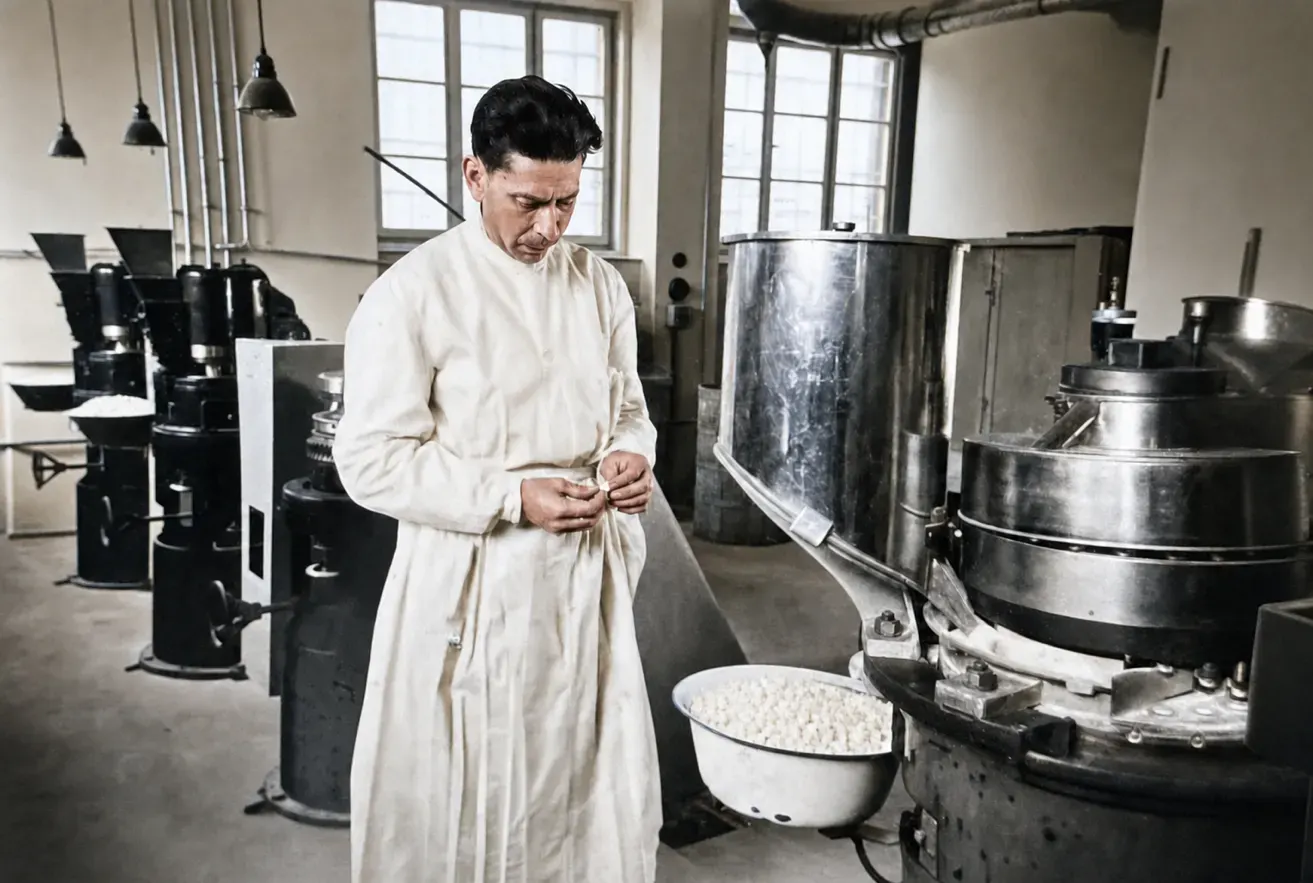 Mitarbeiter kontrolliert Tabletten an einer Produktionsmaschine der Trineral-Werke, Münche