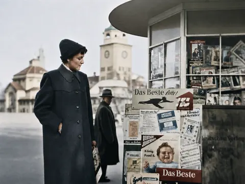 Frau vor einem Zeitungskiosk in München, September 1952