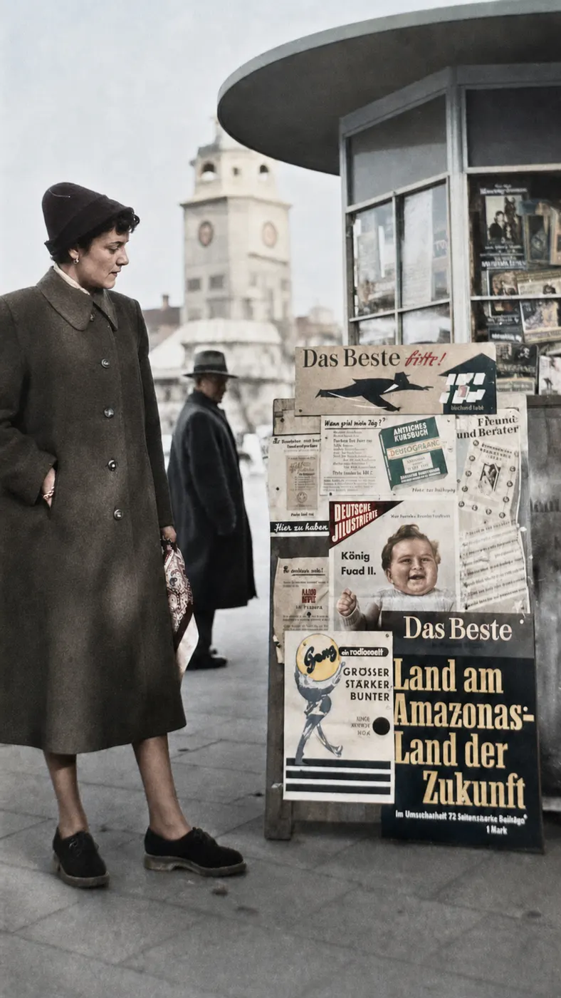 Frau betrachtet Zeitschriftenauslage an einem Münchner Kiosk, September 1952