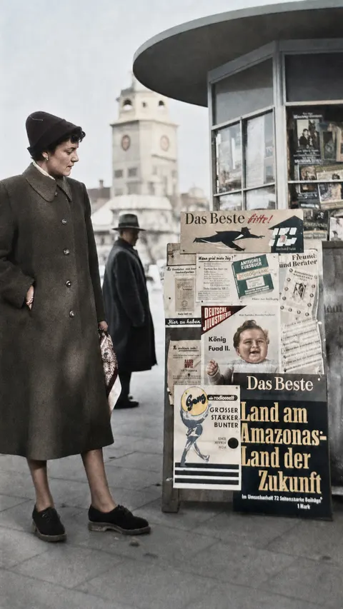 Frau betrachtet Zeitschriftenauslage an einem Münchner Kiosk, September 1952