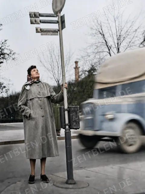 Frau wartet an einer Münchner Trambahnhaltestelle, September 1952