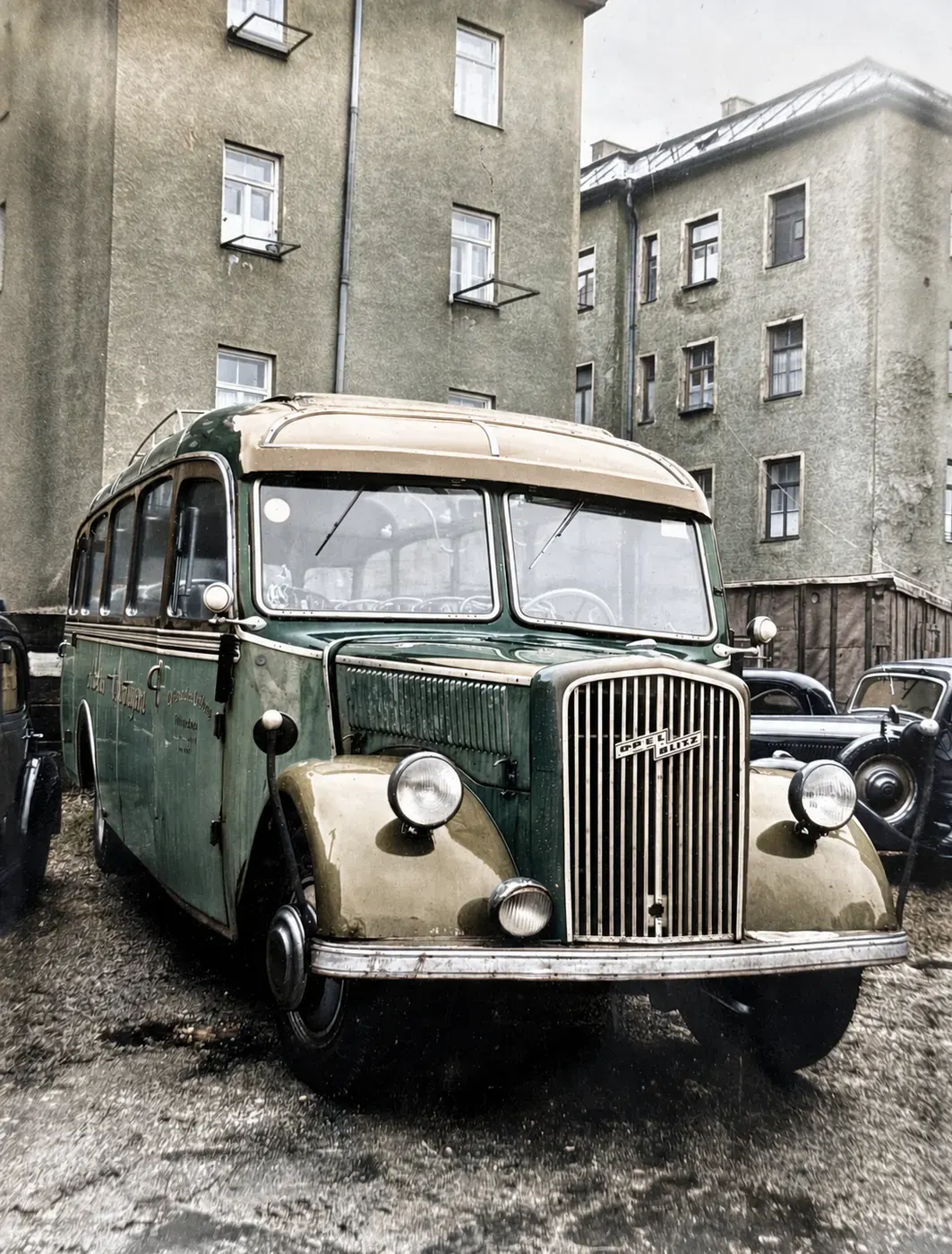 Alter Opel-Blitz-Bus beim Autohändler, 1951
